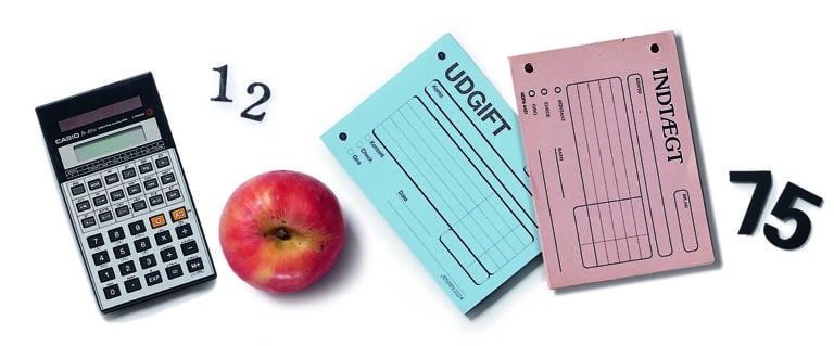 collage af lommeregner, æble, tal og notesblok